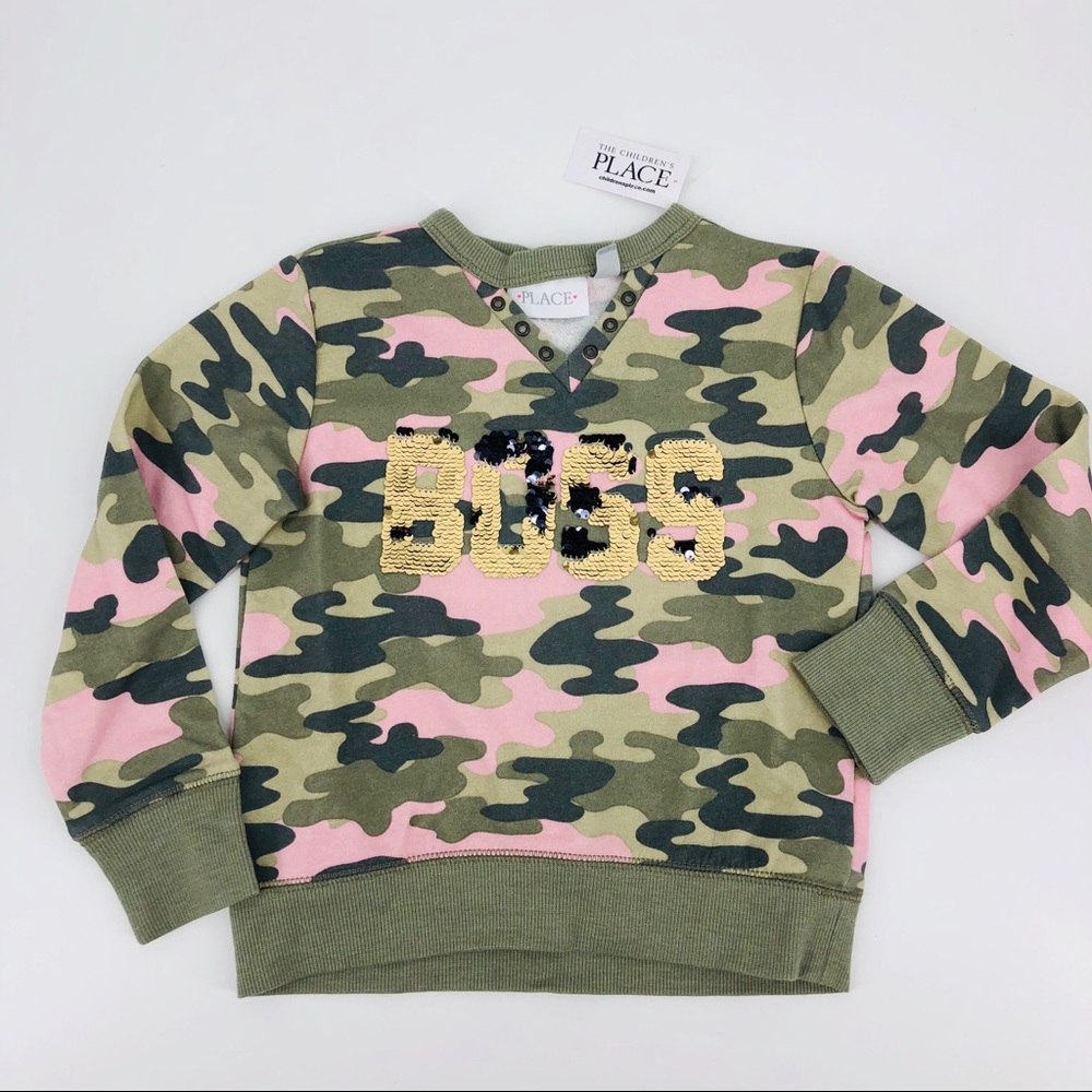 NWT Green Pink Camo Flip Sequin Boss Graphic Sweatshirt XS XSmall 4 - Picture 5 of 8